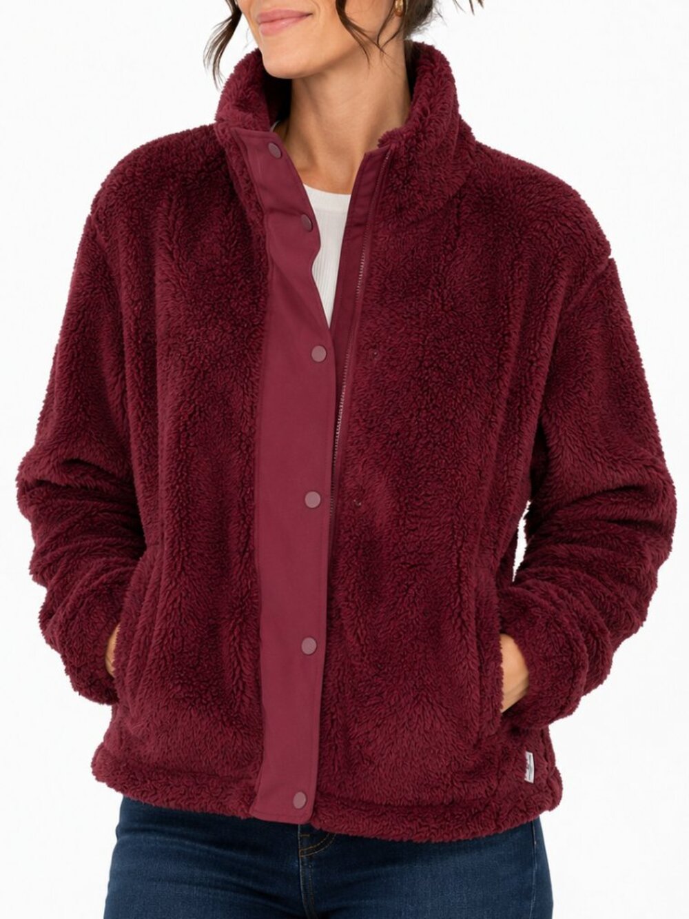 EDDIE BAUER Teddy Fleece Jacket Burgundy Large Sherpa Full Zip Snap Front Cozy